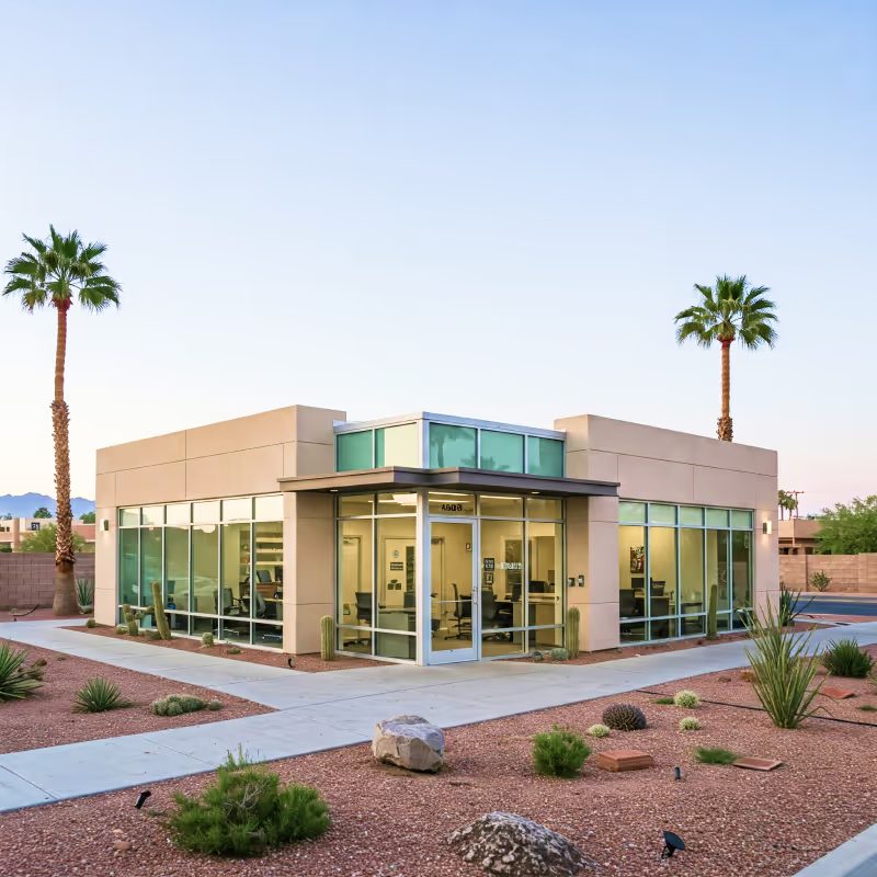 Illustration of a small commercial office building with desert landscaping